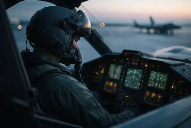 Fighter pilot cockpit illustrating sound, pressure and auditory brain research