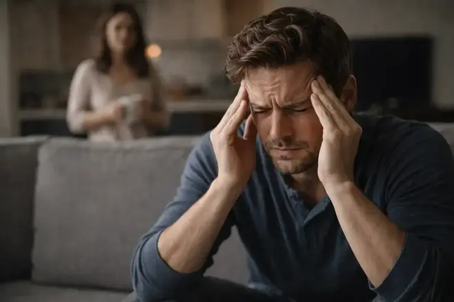 Introspective man living with tinnitus enduring a process that is draining his mental energy