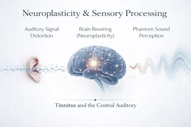 Cochlear hair cells strained by age or pressure sending scrambled signals that the brain interprets as tinnitus