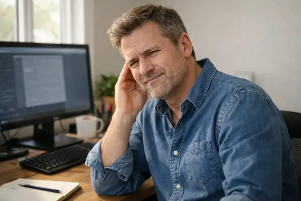 Middle-aged professional managing neural compensation and auditory strain