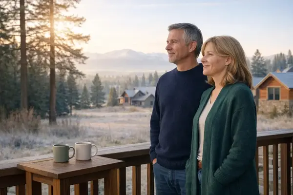 Middle-aged couple at dawn in the Colorado mountains at dawn, in a moment of tranquility and balance